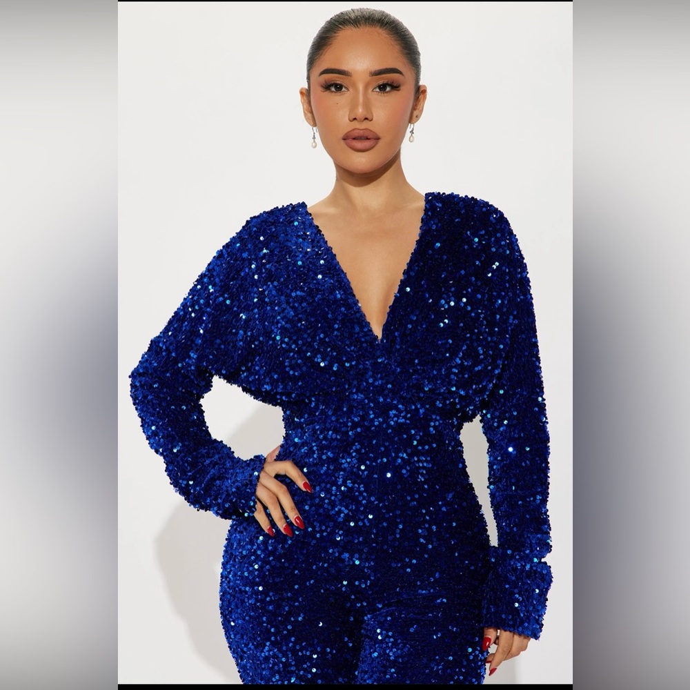 Fashion Nova Royal blue velvet sequin jumpsuit